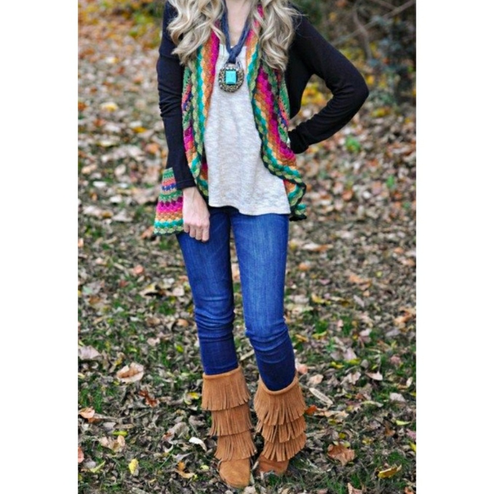 Minnetonka Suede 3 Layer Fringe Boots Boho - image 2